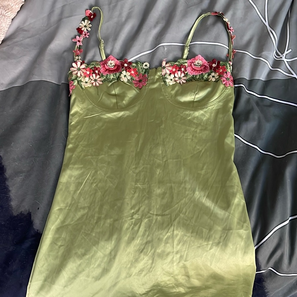 Satin green slip dress with embroidered flowers